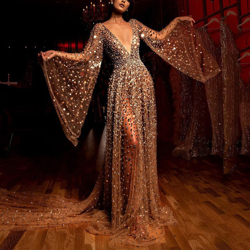WOLFF | Langarm-Tiefes V-Transparente Glitzerkleid