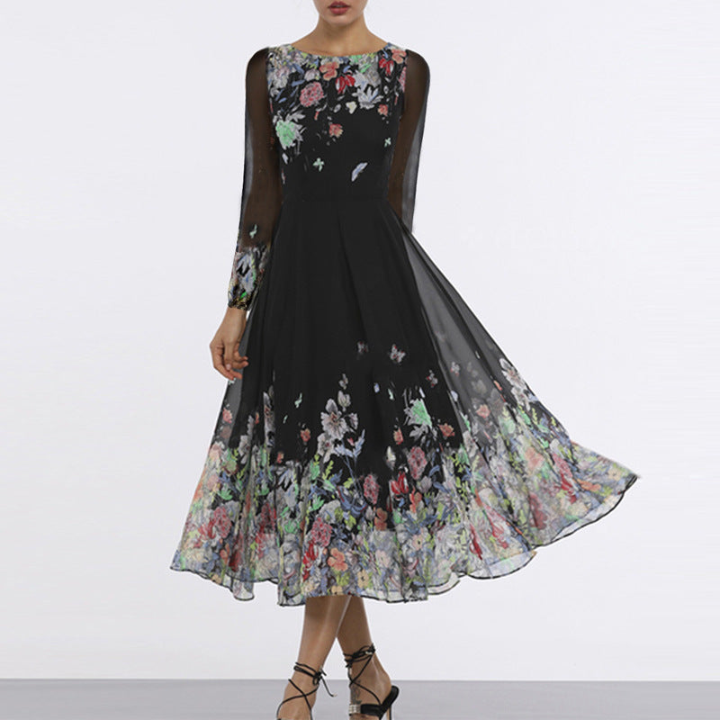 WOLFF | Hollow Slim Fit Slimming Langarm Flare Lange Rock Kleid