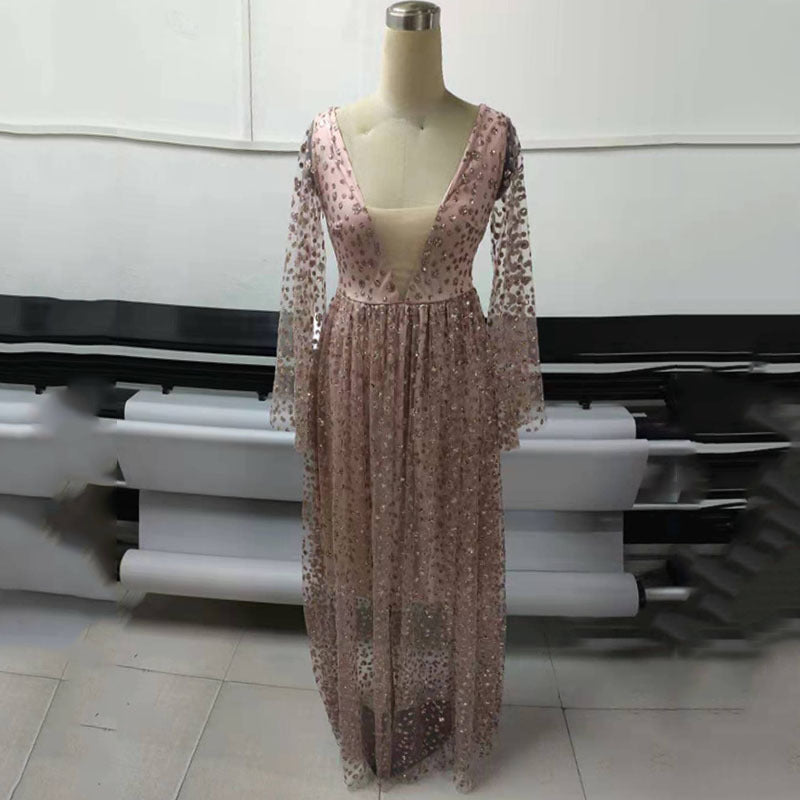 WOLFF | Langarm-Tiefes V-Transparente Glitzerkleid
