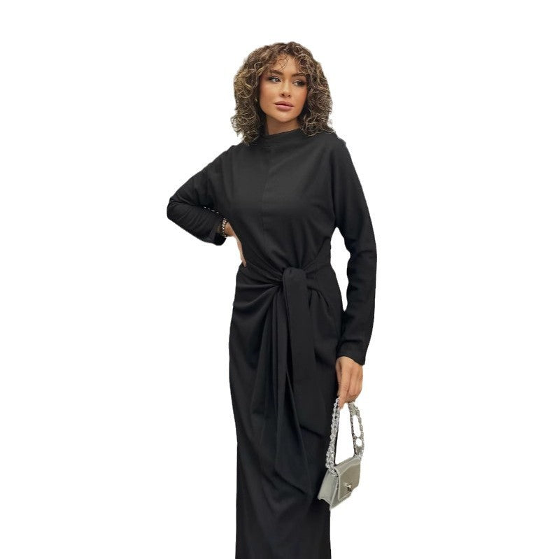 1Lace-Up Fitted Classy Long Sleeve Midi Dress