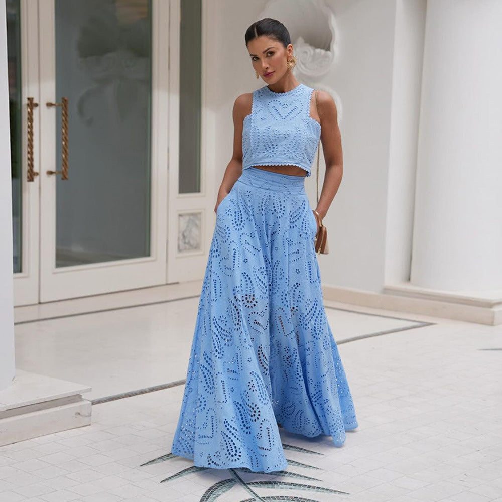 WOLFF | Elegantes besticktes hohles Spitze Urlaub Zwei-Teile-Set