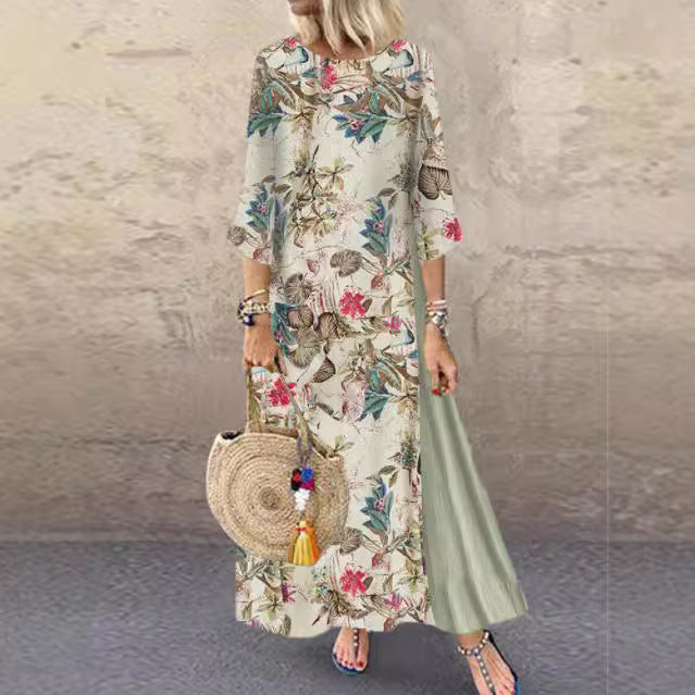 WOLFF | Florales Rundhals geteiltes großes Schwung langes Rockkleid
