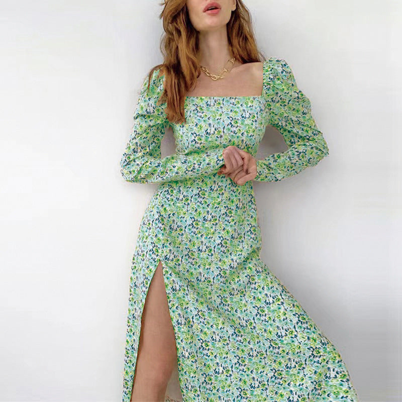 WOLFF | Daisy Print Langarm Spaltet Bohemian Kleid