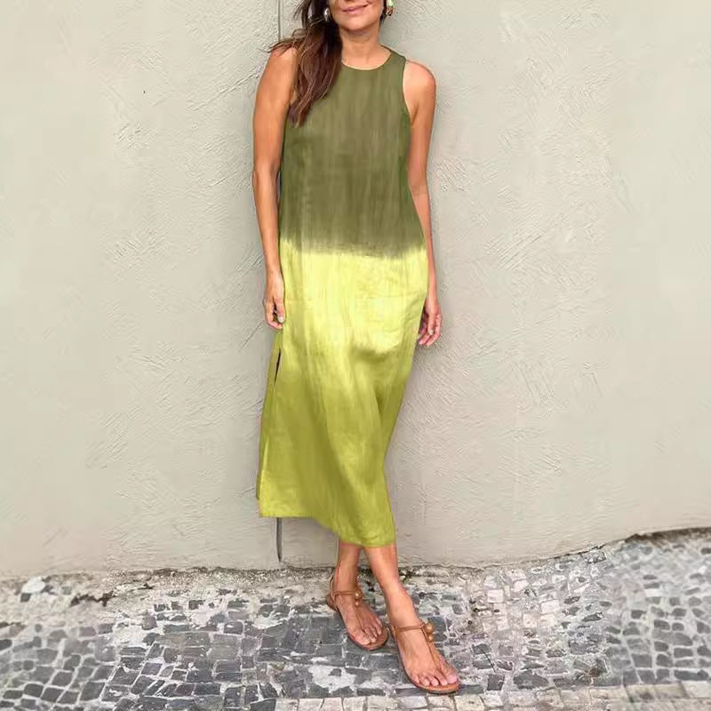 WOLFF | Baumwolle Leinen Ärmelloses Schlitz Gradient Kleid