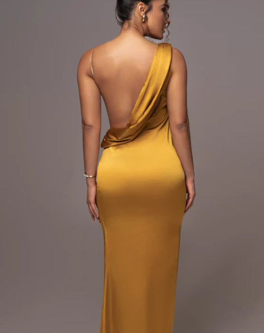 WOLFF | Asymmetrisches Schulter Satin Einfarbiges Abendkleid
