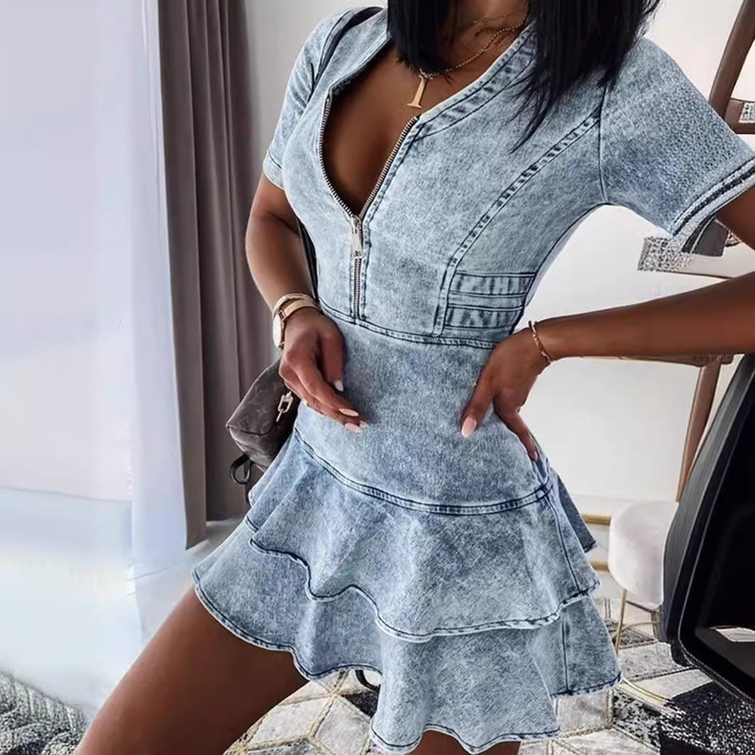 WOLFF | Kurzarm Ultra Kurzes Denim Kleid