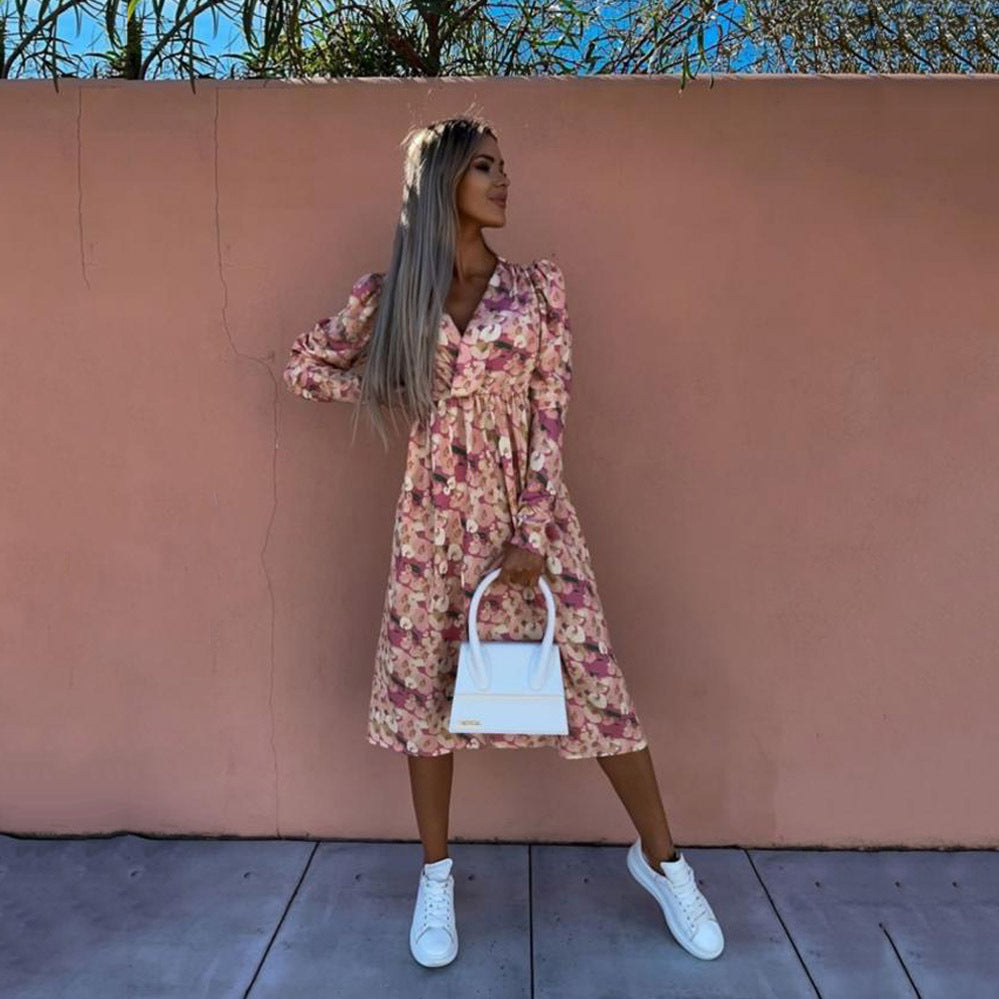 1Printed Waist-Cinched Mid-Sleeve Dress