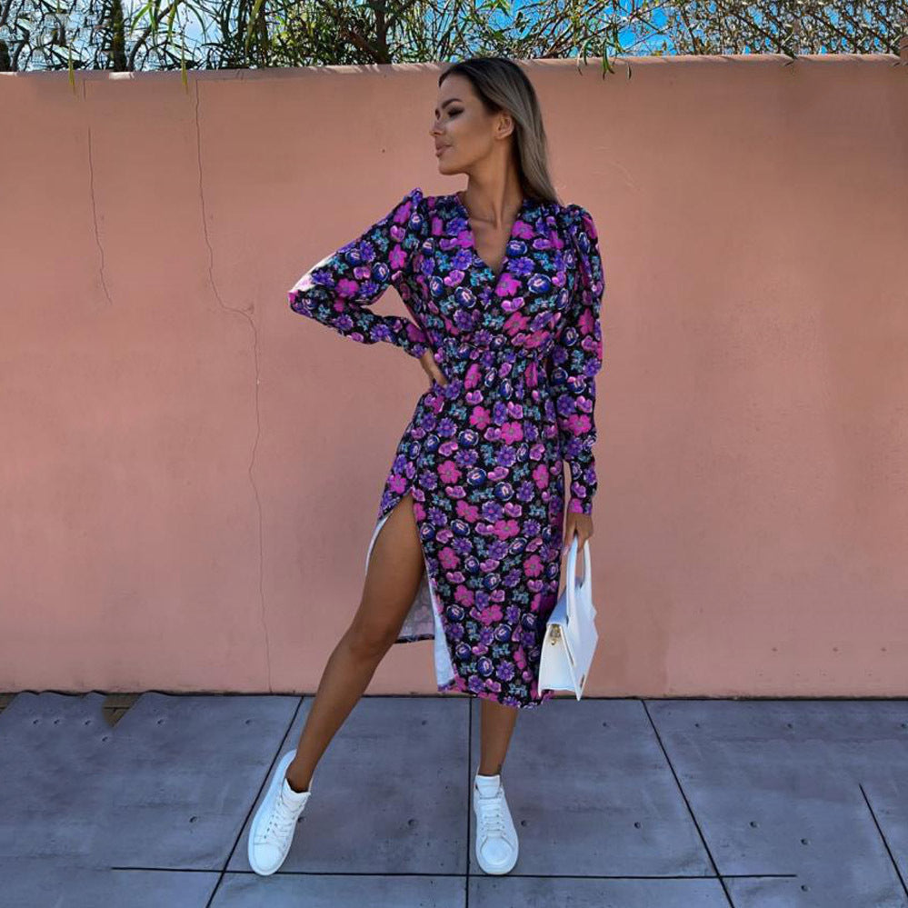 1Printed Waist-Cinched Mid-Sleeve Dress