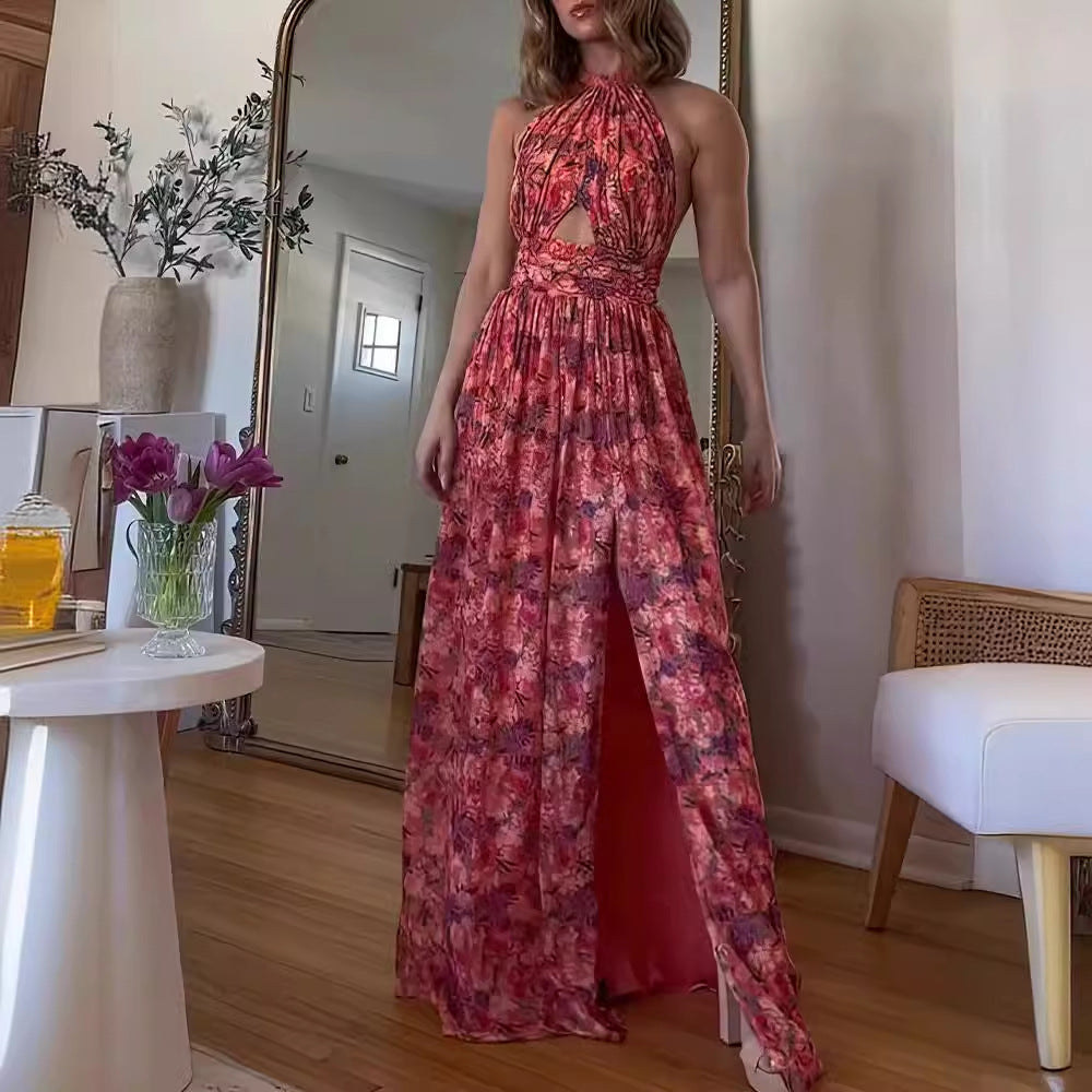 WOLFF | Bedrucktes Kreuzhalsfaltenkleid mit Spitzenärmel