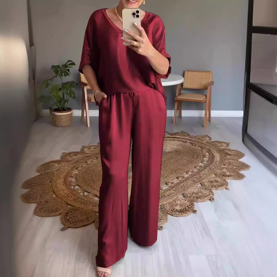 WOLFF | Einfarbiges Seiden-V-Ausschnitt-Casual-Set