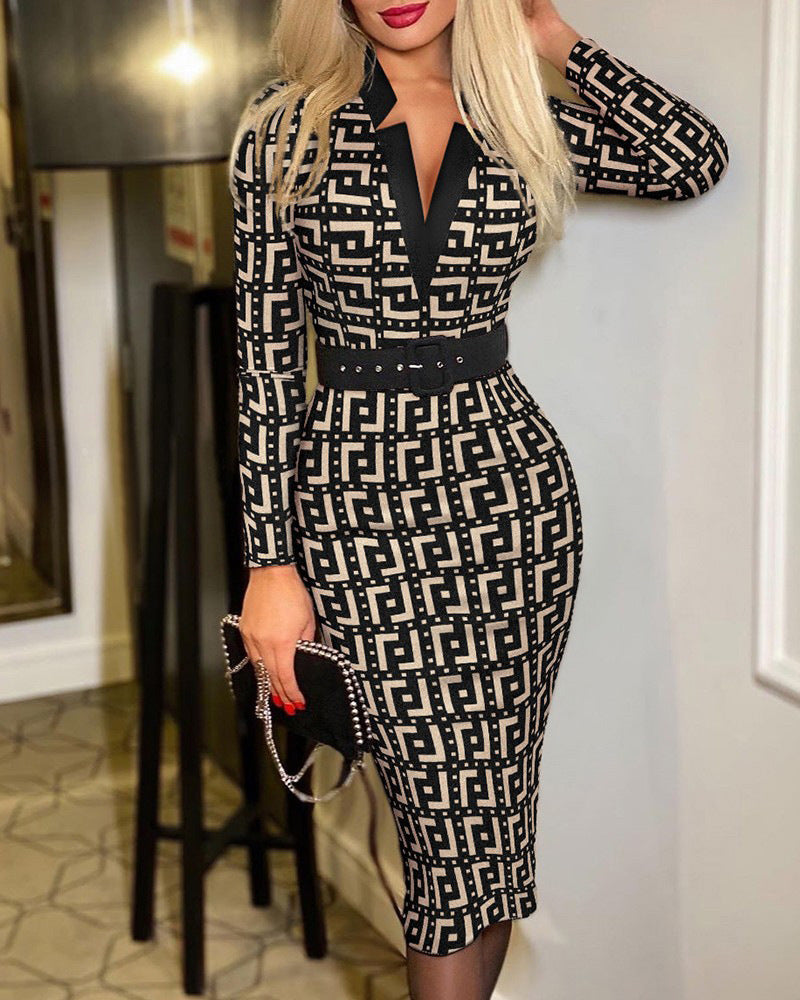 WOLFF | Karo-Print V-Ausschnitt Bodycon Langarmkleid