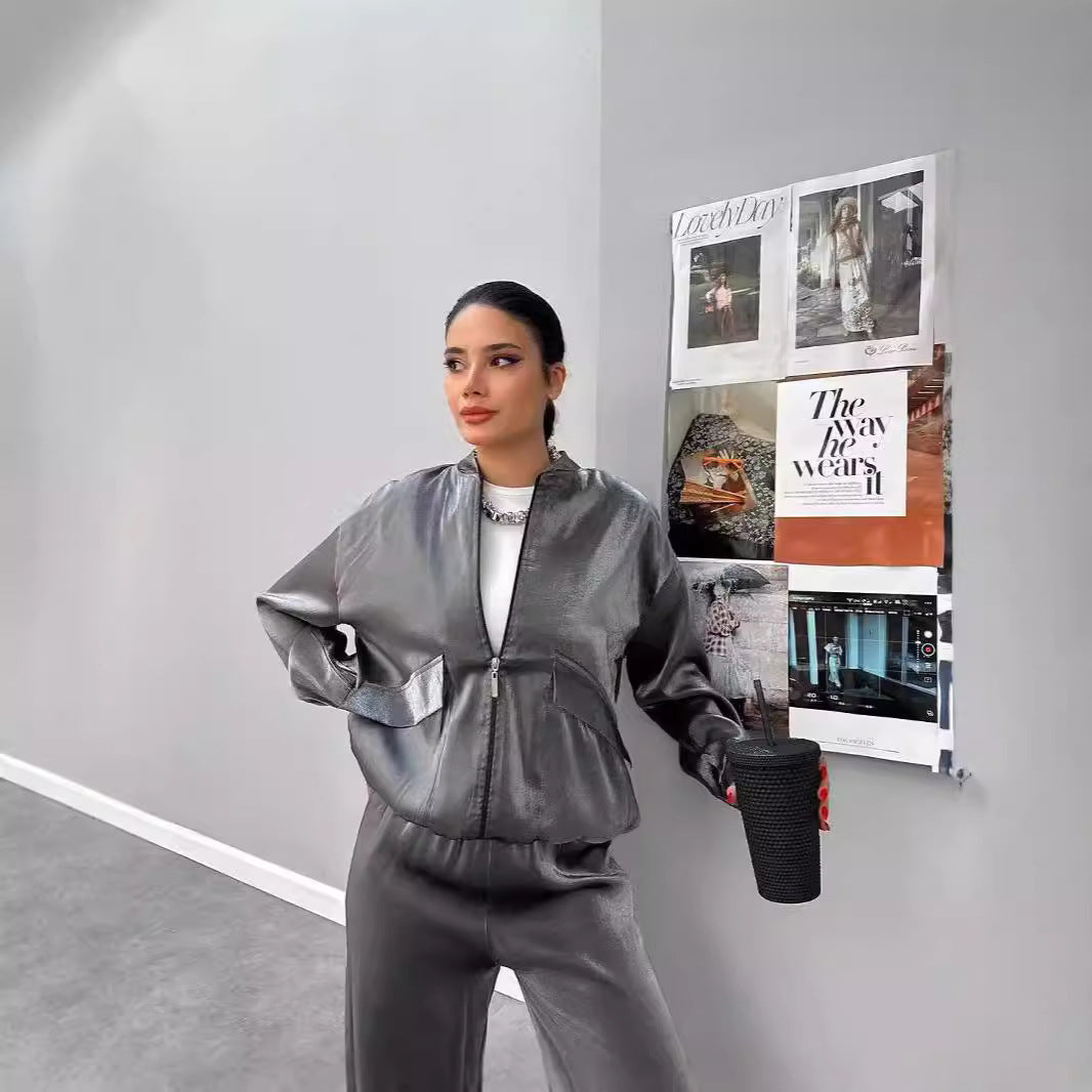 1Drawstring Long Pants Flight Jacket Two-Piece Set