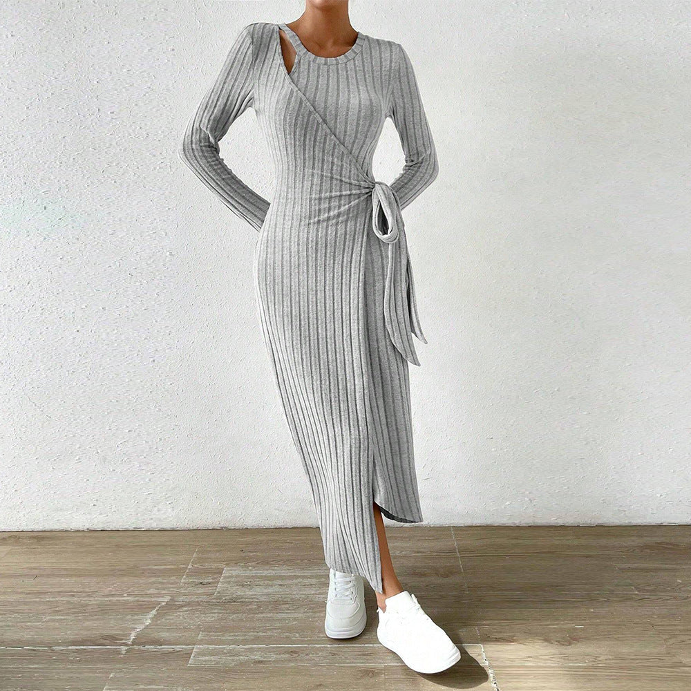 WOLFF | Strickgraues asymmetrisches langes Rockkleid
