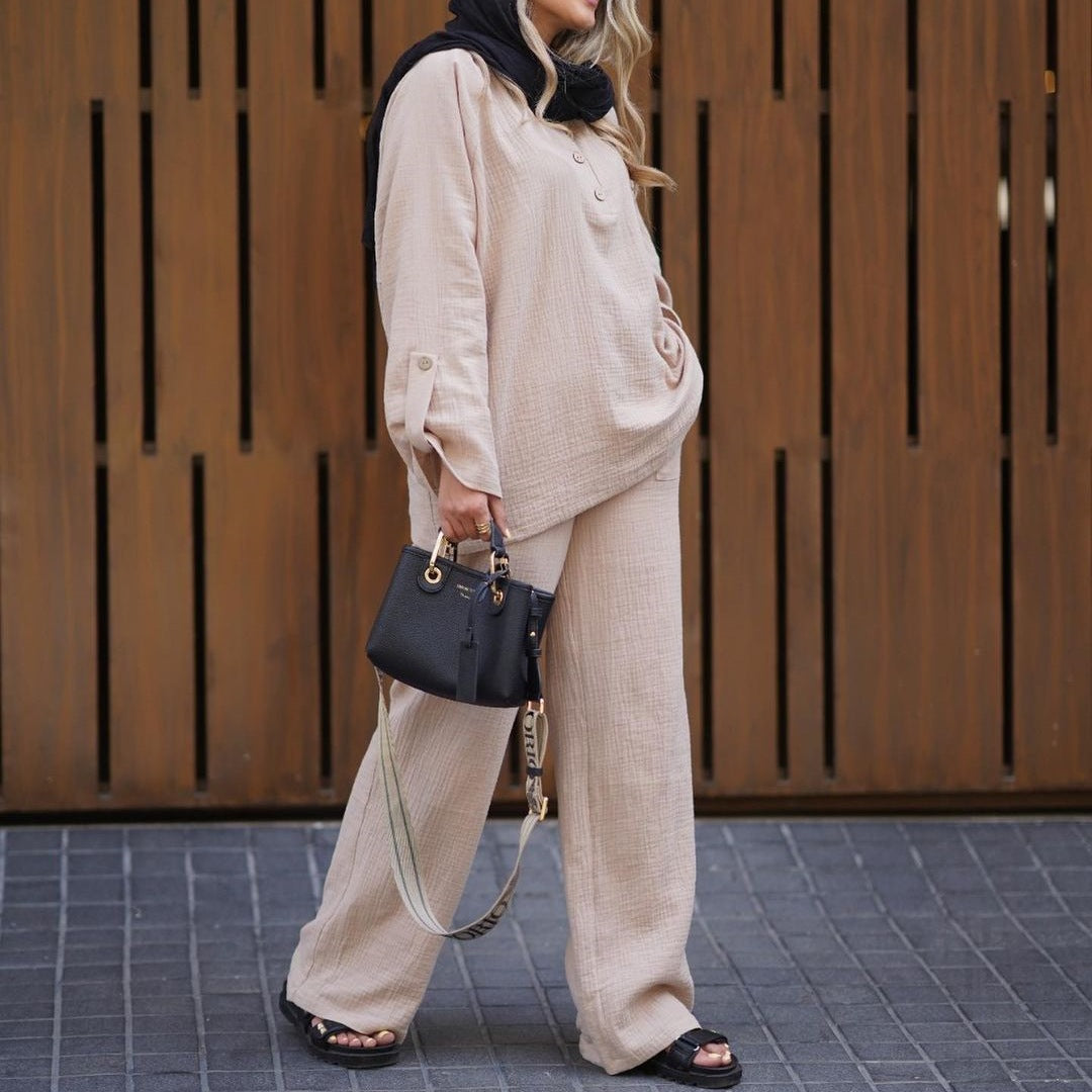 WOLFF | Plus Size Faltenstoff Hemd und Weitbeinige Hose Set