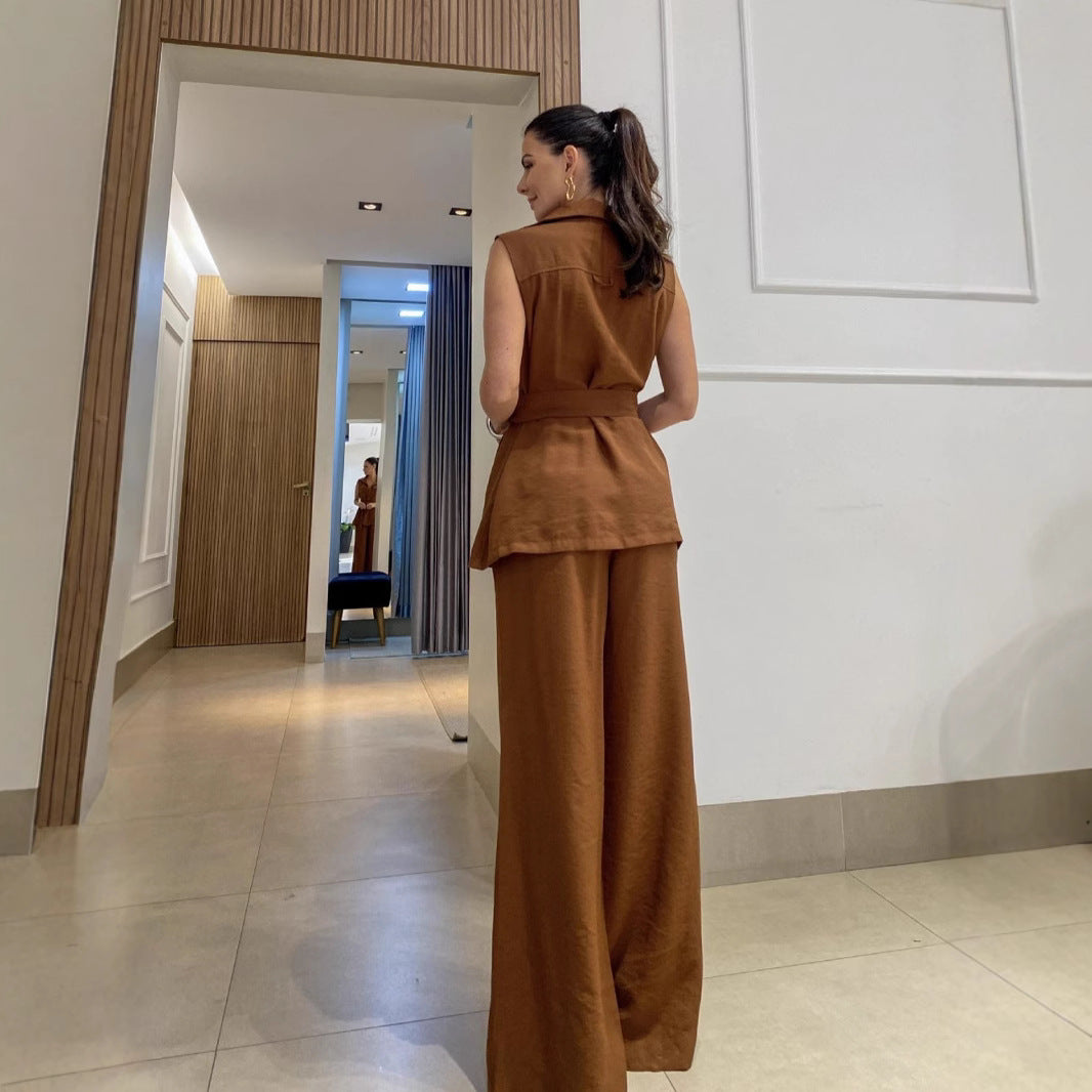 1Shirt Collar Tie Top High-Waisted Long Pants