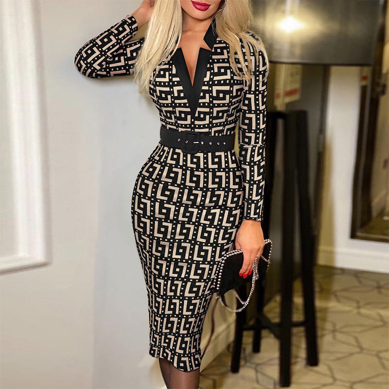 WOLFF | Karo-Print V-Ausschnitt Bodycon Langarmkleid