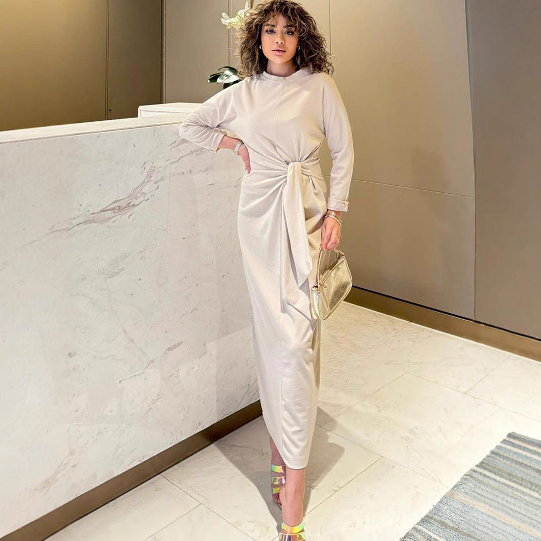 1Lace-Up Fitted Classy Long Sleeve Midi Dress