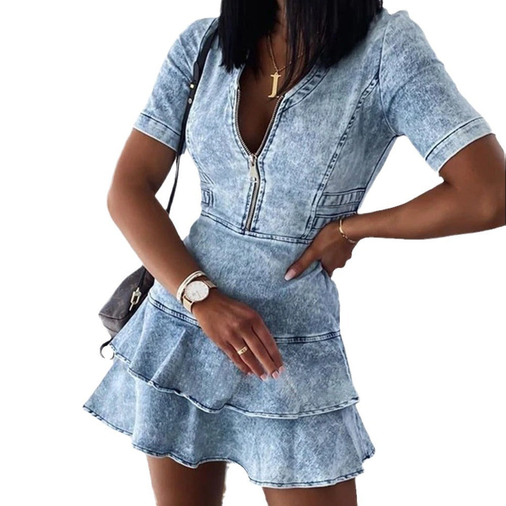 WOLFF | Kurzarm Ultra Kurzes Denim Kleid