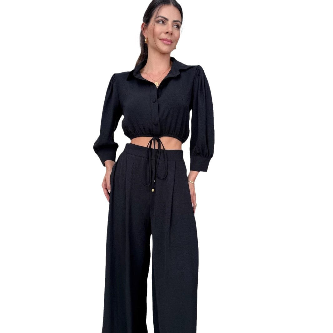 1Top High-Waisted Wide-Leg Pants Two-Piece Set