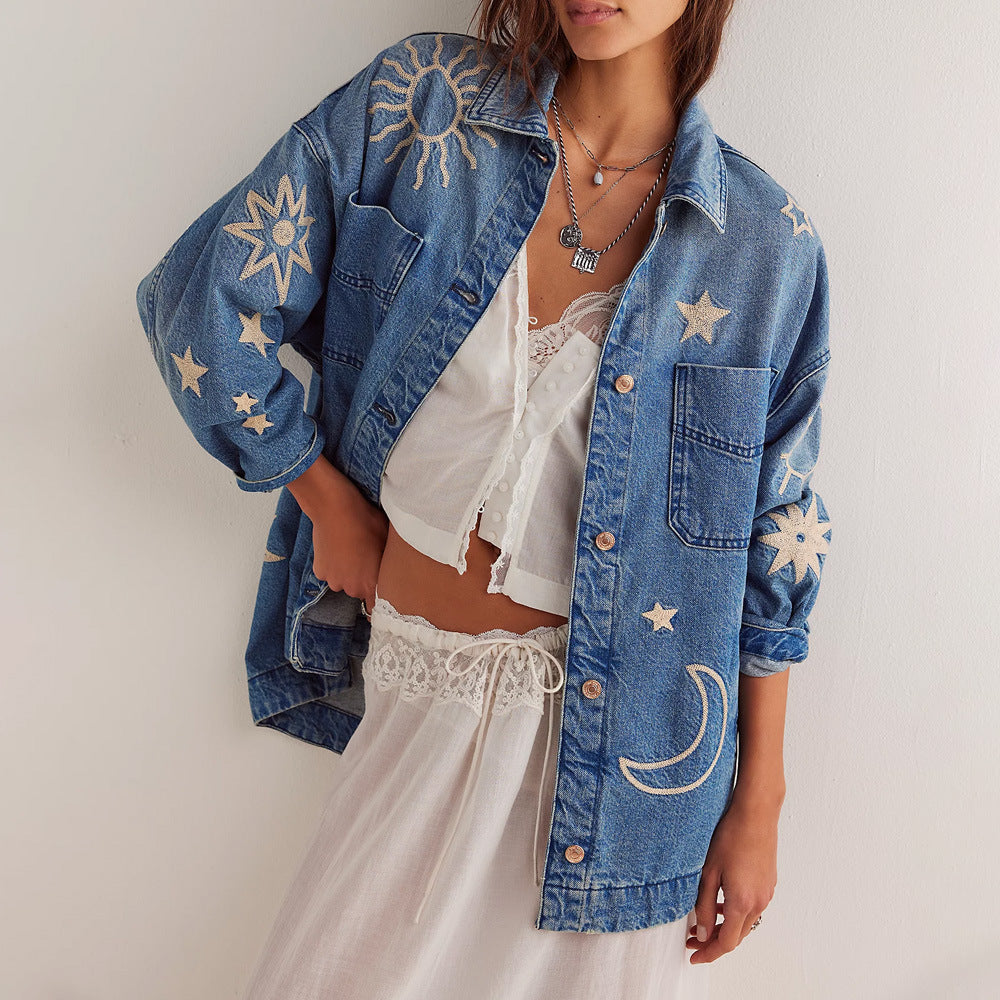 1Loose Casual Distressed Embroidered Denim Jacket
