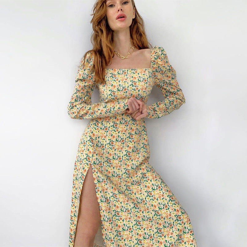 WOLFF | Daisy Print Langarm Spaltet Bohemian Kleid