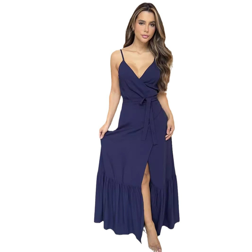 1Lace-Up Spliced Ruffle Hem Slit Long Dress