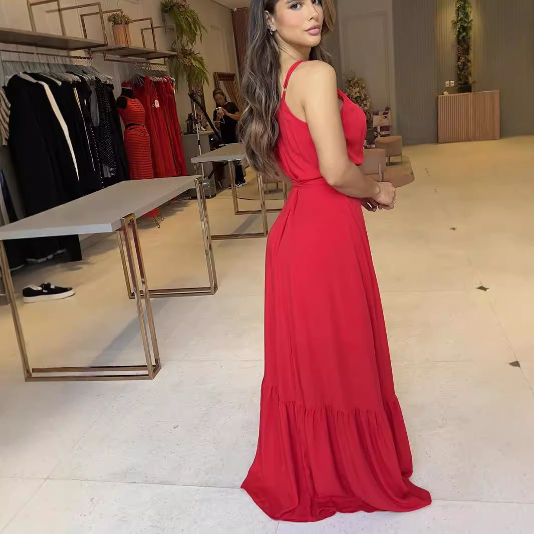 1Lace-Up Spliced Ruffle Hem Slit Long Dress