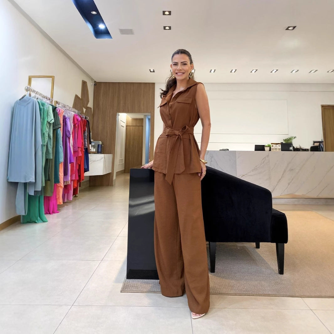 1Shirt Collar Tie Top High-Waisted Long Pants