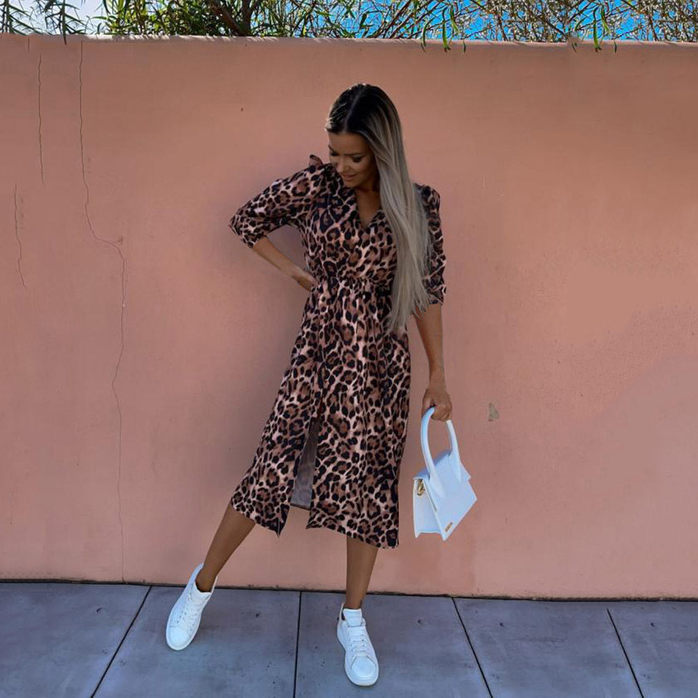 1Printed Waist-Cinched Mid-Sleeve Dress