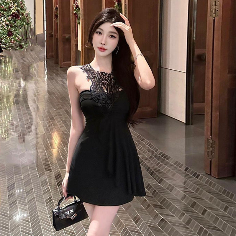1Lace Halter Strap Hot Girl A-Line Dress