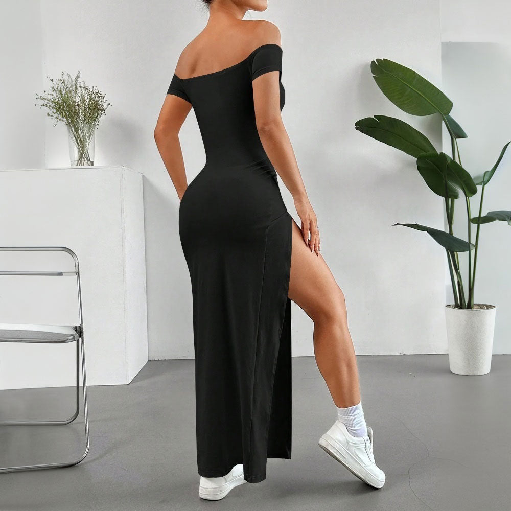 WOLFF | Off-Shoulder Split Mittel-Länge Rock Kleid