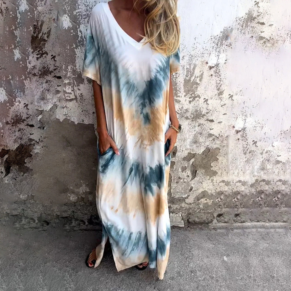 WOLFF | Tie-Dye Kurzarm V-Ausschnitt Kleid