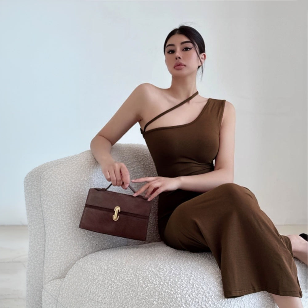 1Asymmetrical Neckline Ankle-Length Dress