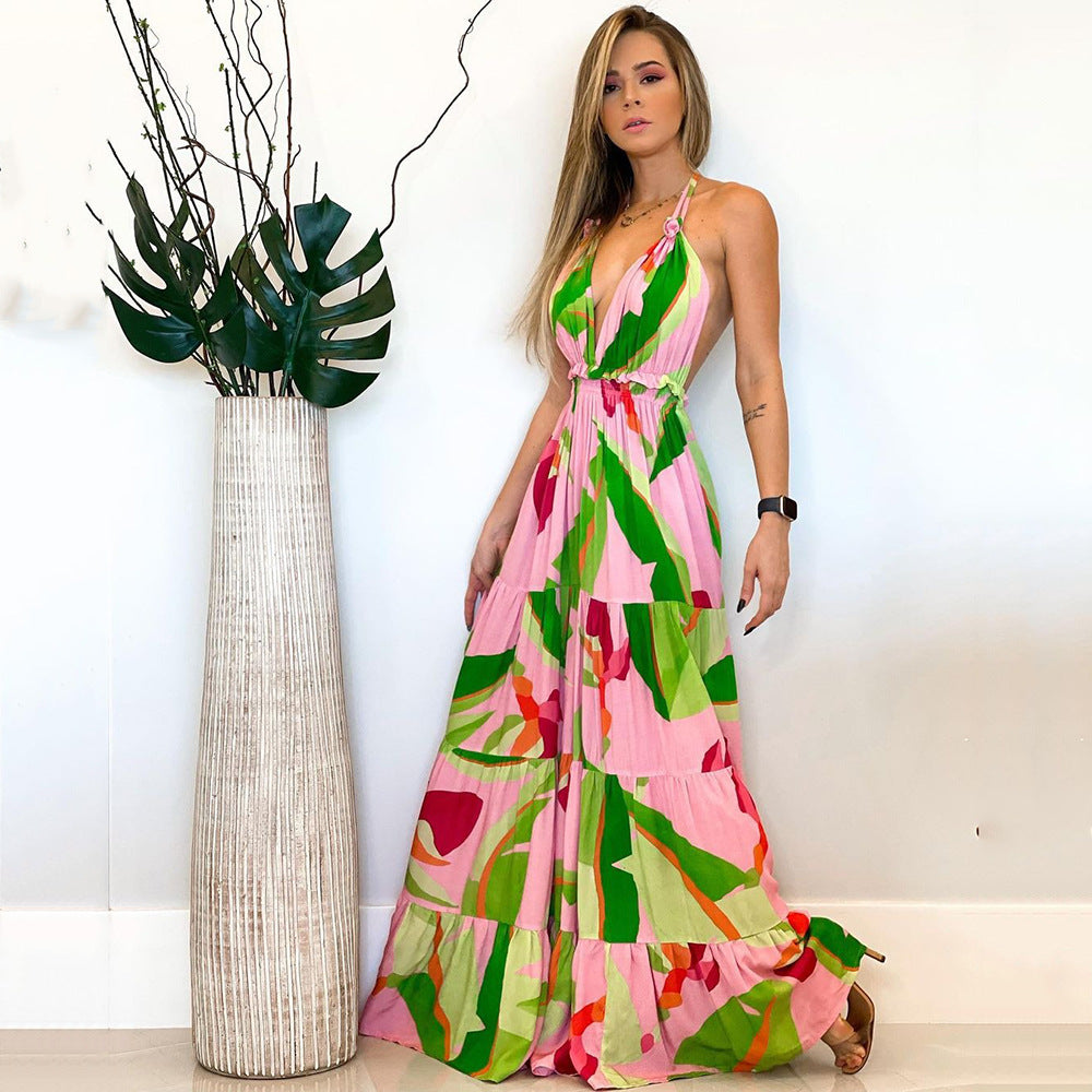 WOLFF | Rückenfreies Bohemian Blumennetz-Spaghetti-Träger Langkleid