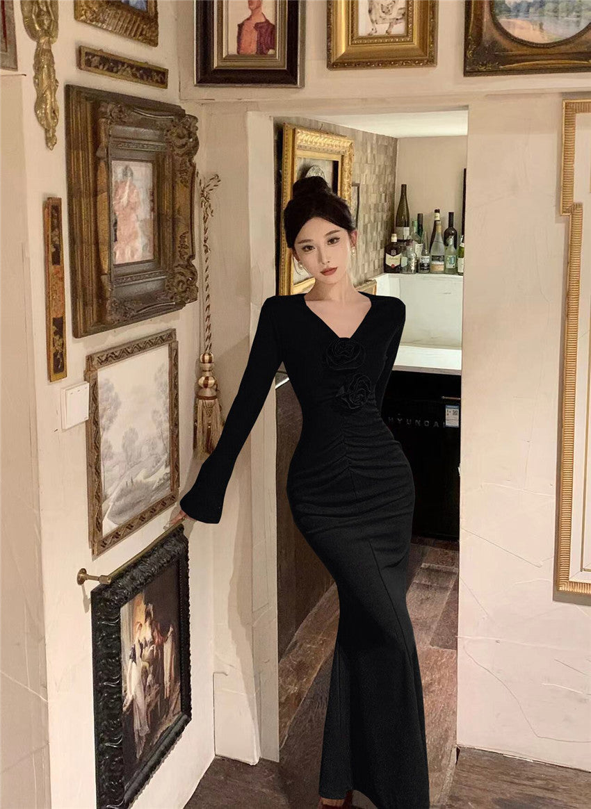 WOLFF | Elegante Slim Fit Glockenärmel Plissierte Abendkleid