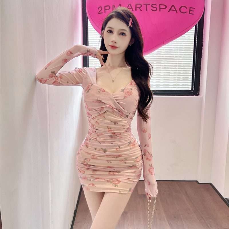 WOLFF | Mesh Bedrucktes Langarm Raffung Bodycon Kleid