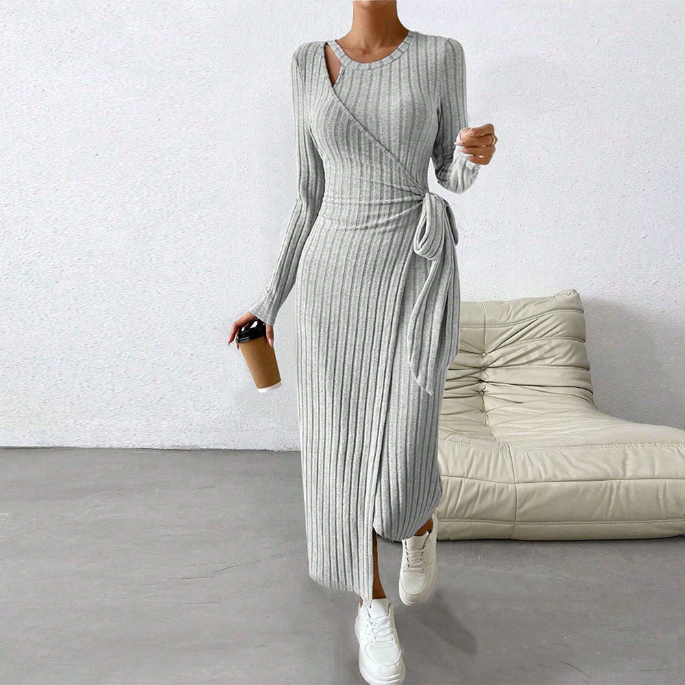 WOLFF | Strickgraues asymmetrisches langes Rockkleid