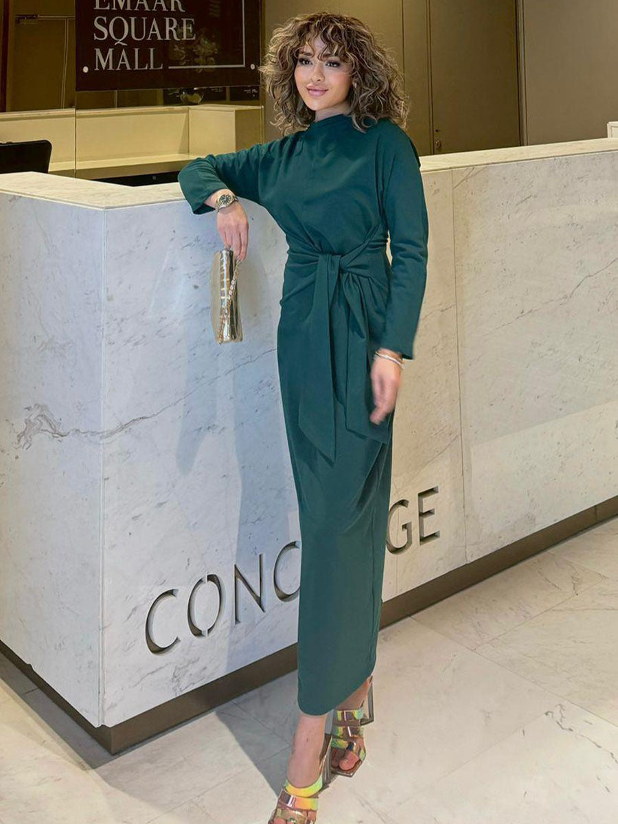 1Lace-Up Fitted Classy Long Sleeve Midi Dress