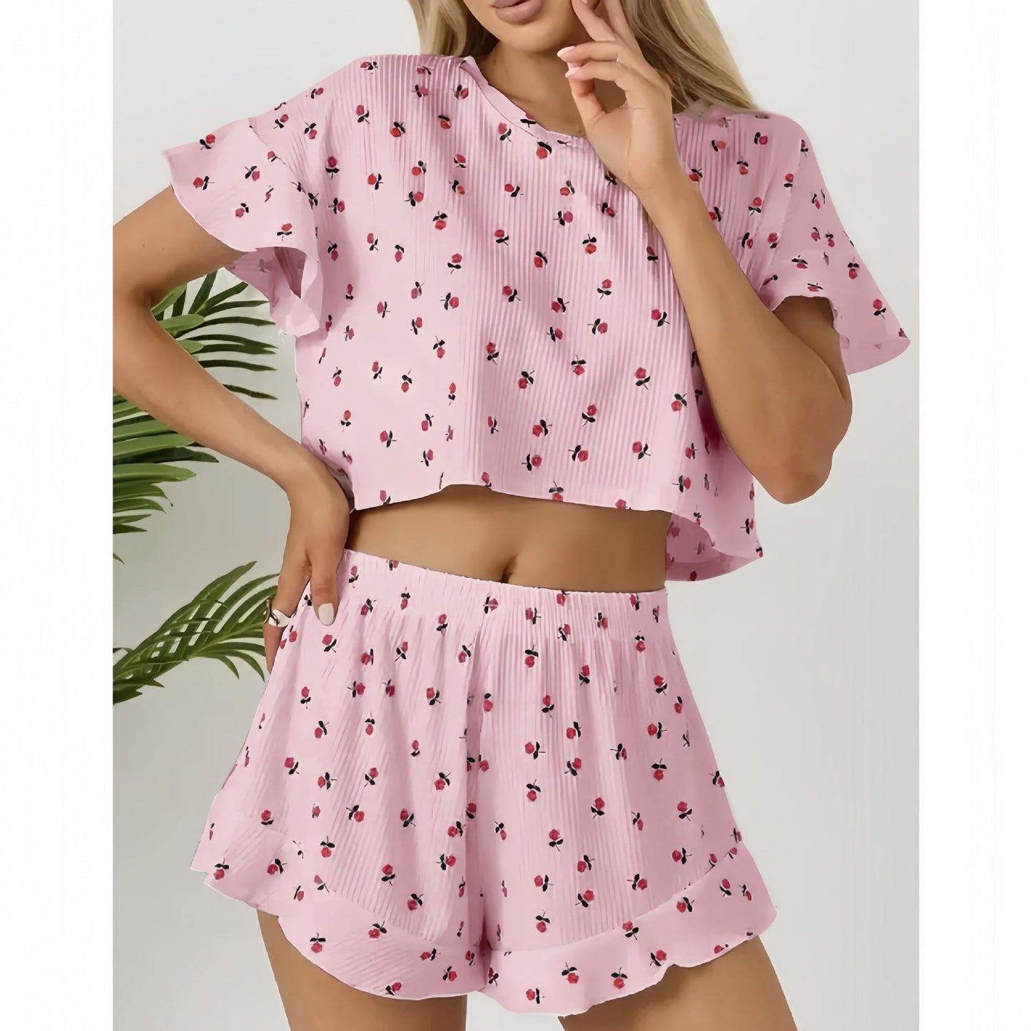 WOLFF | Blumenstreifen Rüsche Ärmel Shorts Homewear