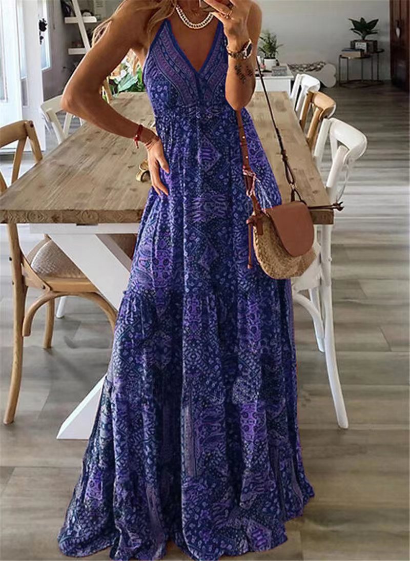 WOLFF | Hoch tailliertes V-Ausschnitt gedrucktes florales langes Kleid