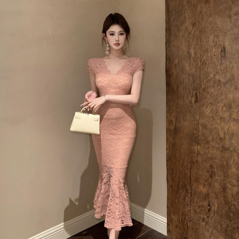 1Lace Short Sleeve Fishtail Slim Dress