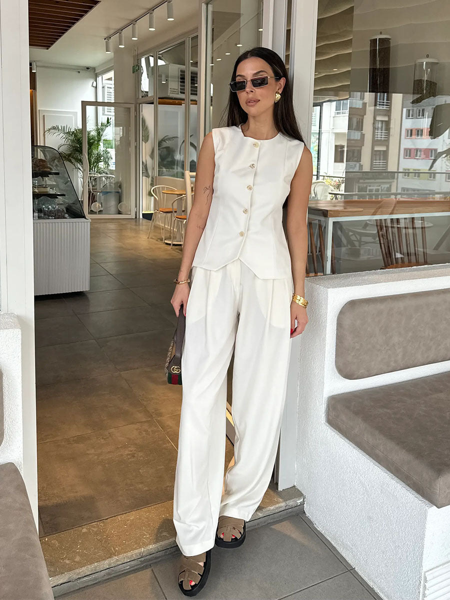 1Buttoned Vest Suit Long Pants Two-Piece Set