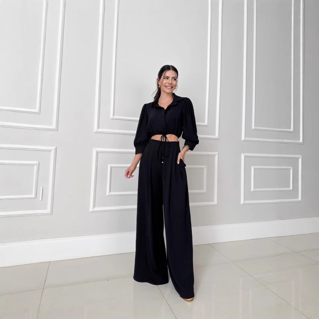 1Top High-Waisted Wide-Leg Pants Two-Piece Set