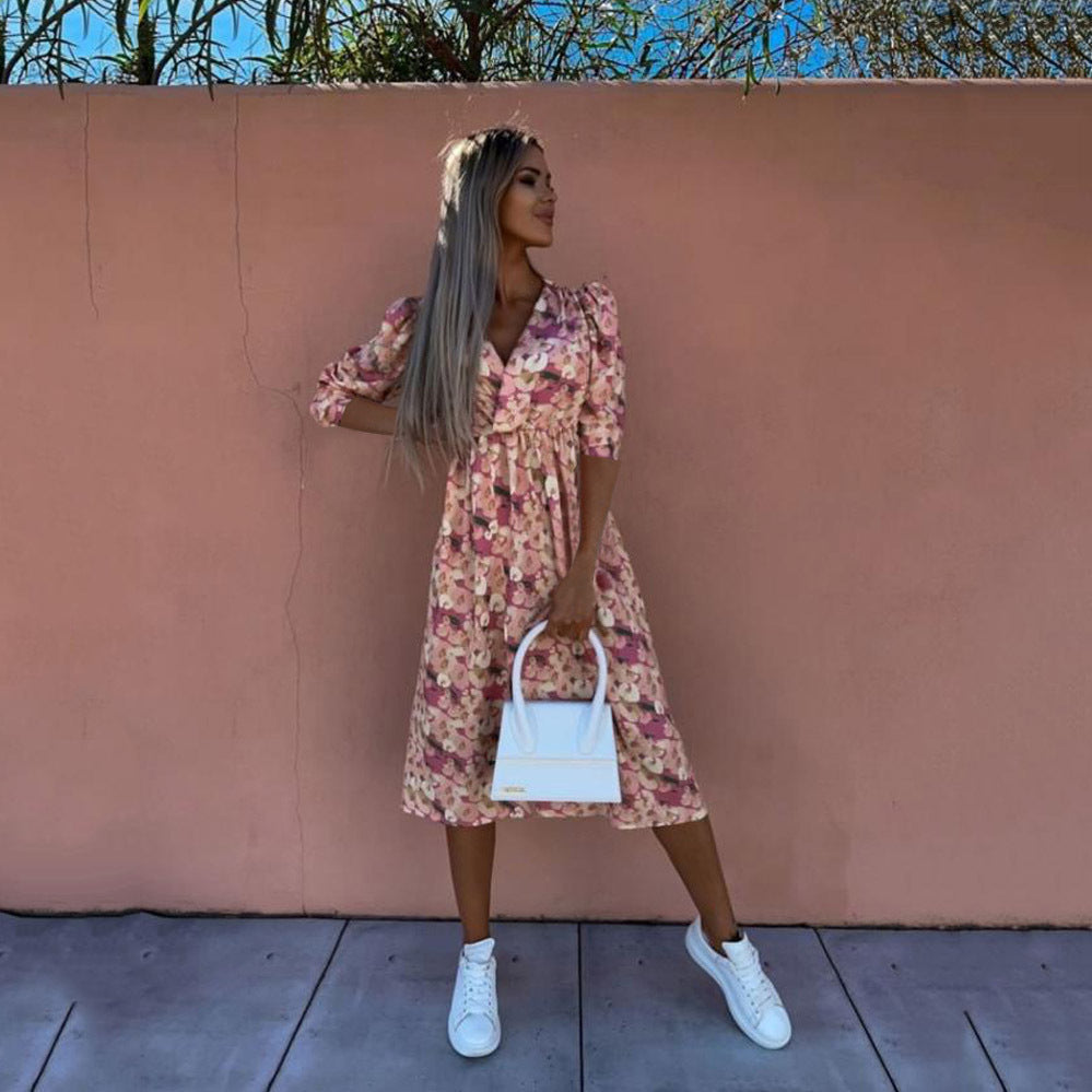 1Printed Waist-Cinched Mid-Sleeve Dress
