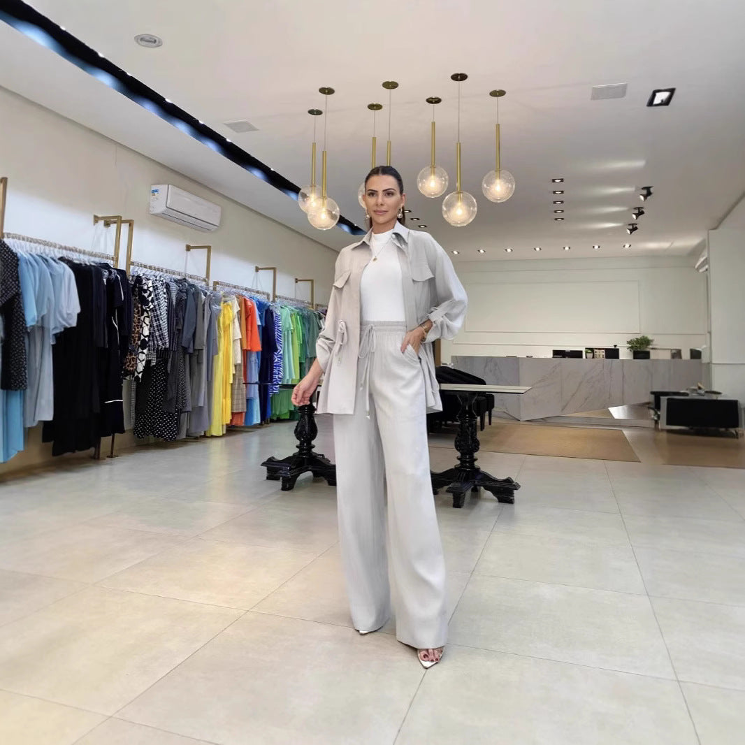 1Drawstring Long Sleeve Coat Long Pants Two-Piece Set
