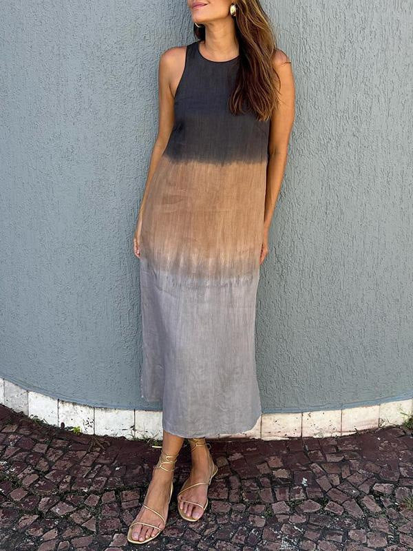 WOLFF | Baumwolle Leinen Ärmelloses Schlitz Gradient Kleid