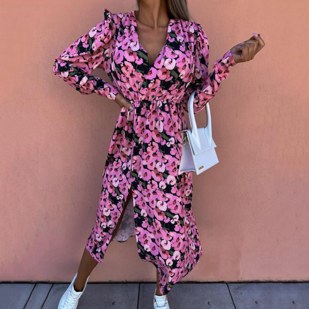 1Printed Waist-Cinched Mid-Sleeve Dress