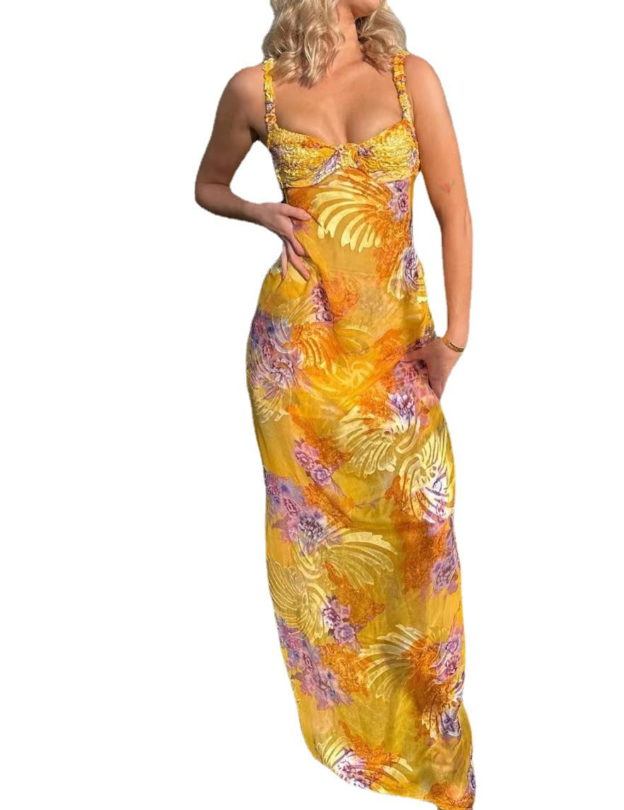 WOLFF | Bedrucktes Split-Bustier Halter V-Ausschnitt Langes Kleid