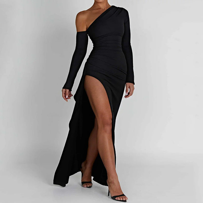 WOLFF | Minimalistisches Einfaches Farb Schlitz Maxi Kleid