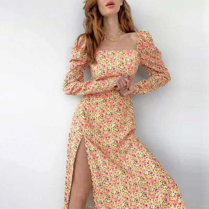 WOLFF | Daisy Print Langarm Spaltet Bohemian Kleid
